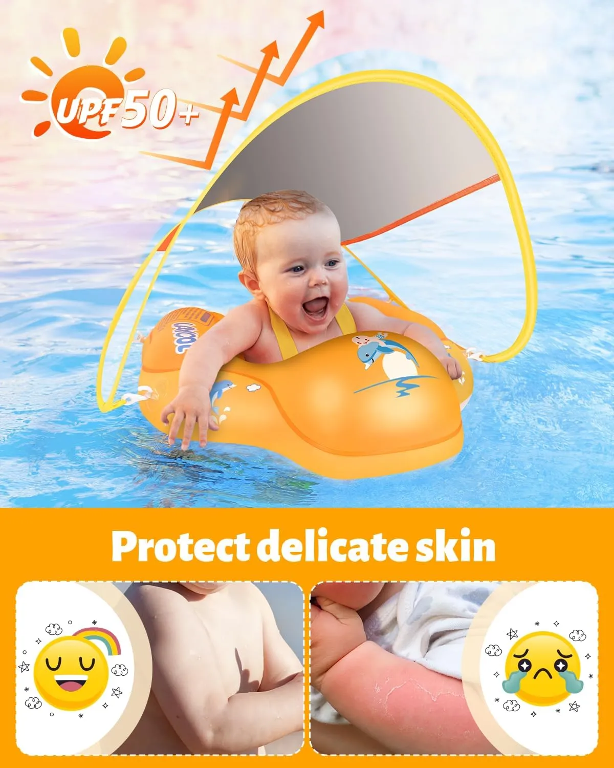 LAYCOL Baby Swimming Float Inflatable Baby Pool Float Ring with Sun Protection Canopy,add Tail no flip Over for Age of 3-36 Months
