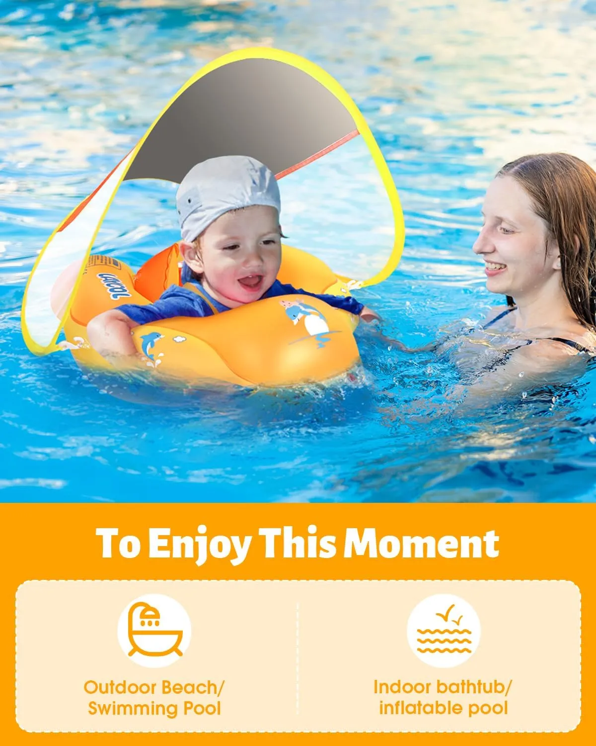 LAYCOL Baby Swimming Float Inflatable Baby Pool Float Ring with Sun Protection Canopy,add Tail no flip Over for Age of 3-36 Months