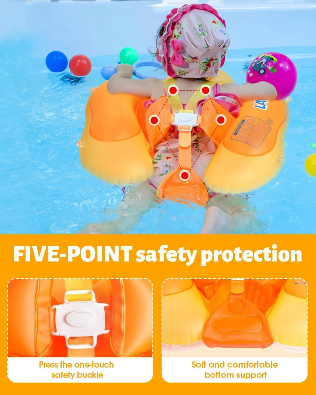 LAYCOL Baby Swimming Float Inflatable Baby Pool Float Ring with Sun Protection Canopy,add Tail no flip Over for Age of 3-36 Months