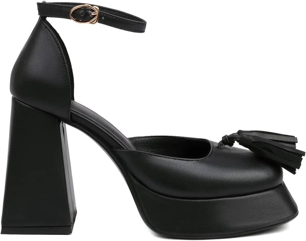 LEHOOR Women Platform Chunky Heel Pumps Cutout High Heels Ankle Strap Heeled Sandals Closed Toe Square Platforms 4 Inch Block Heel Dress Shoes Fringed Pump Tassels Fashion Sexy Party Evening 4-10 M US
