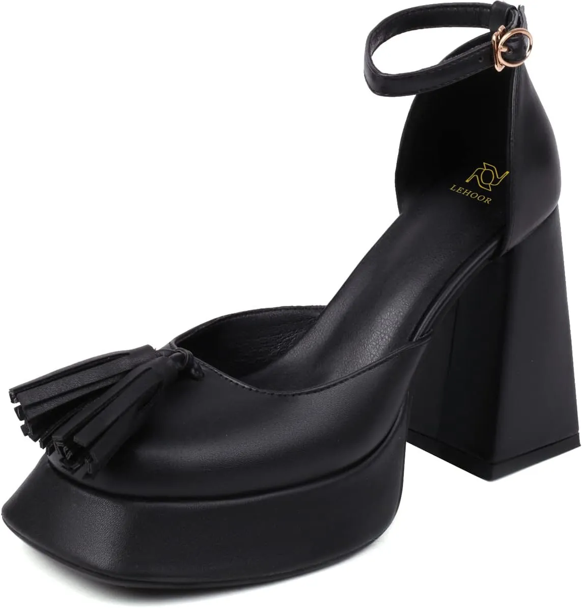 LEHOOR Women Platform Chunky Heel Pumps Cutout High Heels Ankle Strap Heeled Sandals Closed Toe Square Platforms 4 Inch Block Heel Dress Shoes Fringed Pump Tassels Fashion Sexy Party Evening 4-10 M US