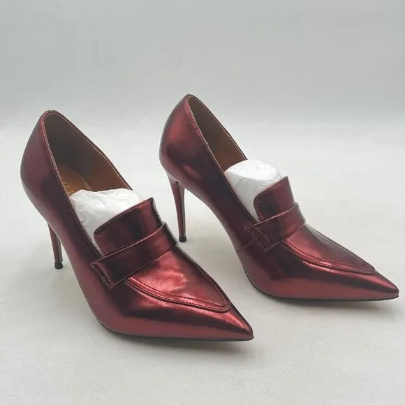 Miss Left Burgundy High Heel Loafer Pumps with Trim Pointed Toe Slip On Shoes