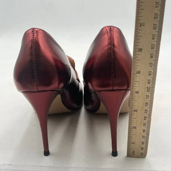 Miss Left Burgundy High Heel Loafer Pumps with Trim Pointed Toe Slip On Shoes