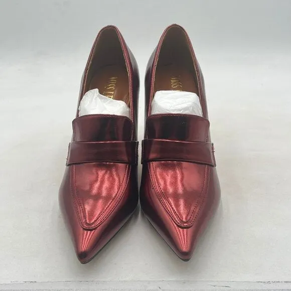 Miss Left Burgundy High Heel Loafer Pumps with Trim Pointed Toe Slip On Shoes
