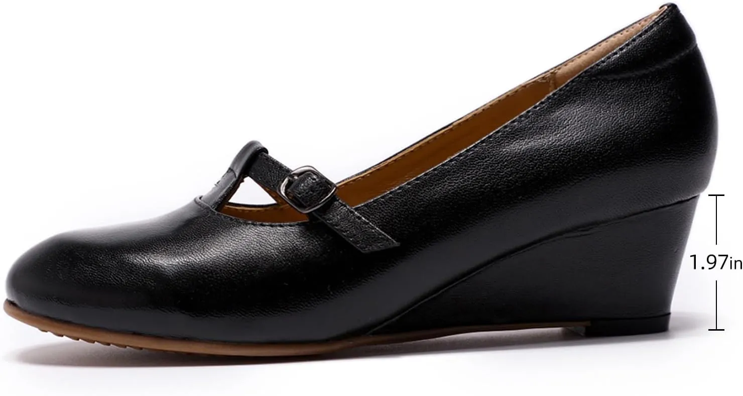 Mona flying Women's Leather Closed Toe Mary Jane Wedge Pumps Round Toe Mid Heel Dress Shoes for Women Ladies