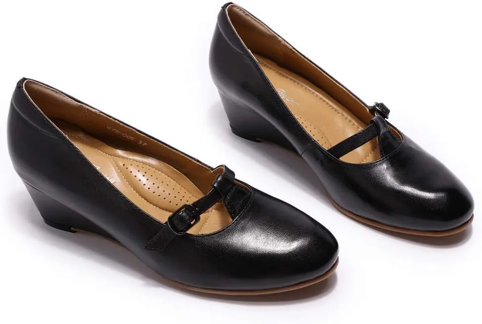 Mona flying Women's Leather Closed Toe Mary Jane Wedge Pumps Round Toe Mid Heel Dress Shoes for Women Ladies