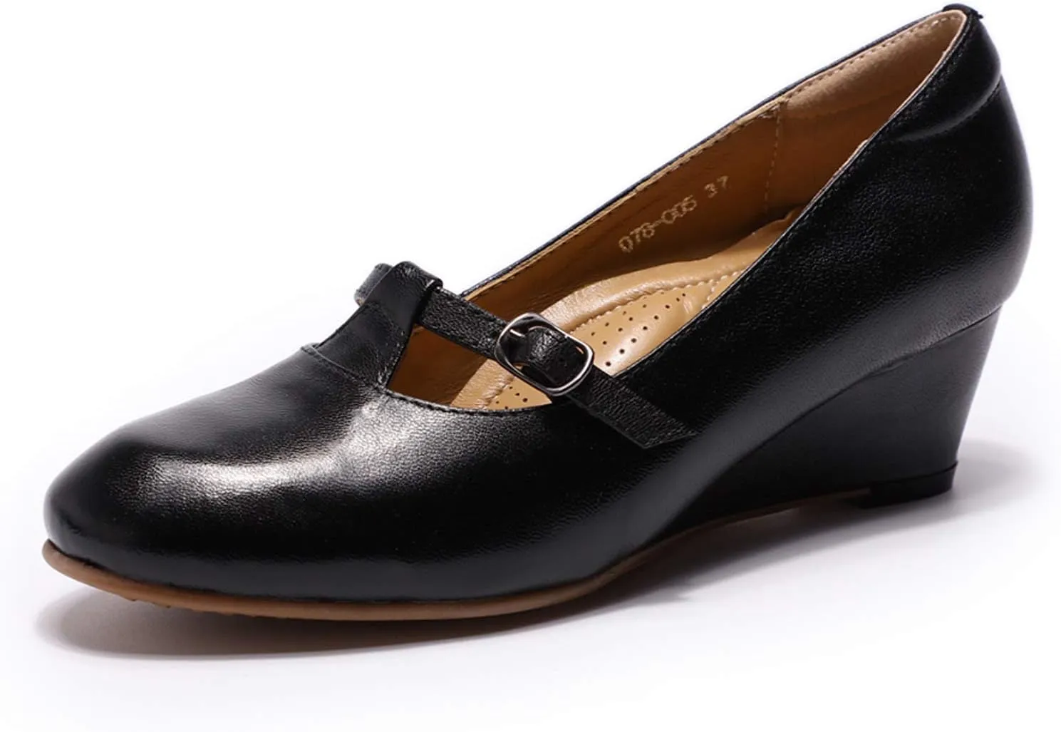 Mona flying Women's Leather Closed Toe Mary Jane Wedge Pumps Round Toe Mid Heel Dress Shoes for Women Ladies
