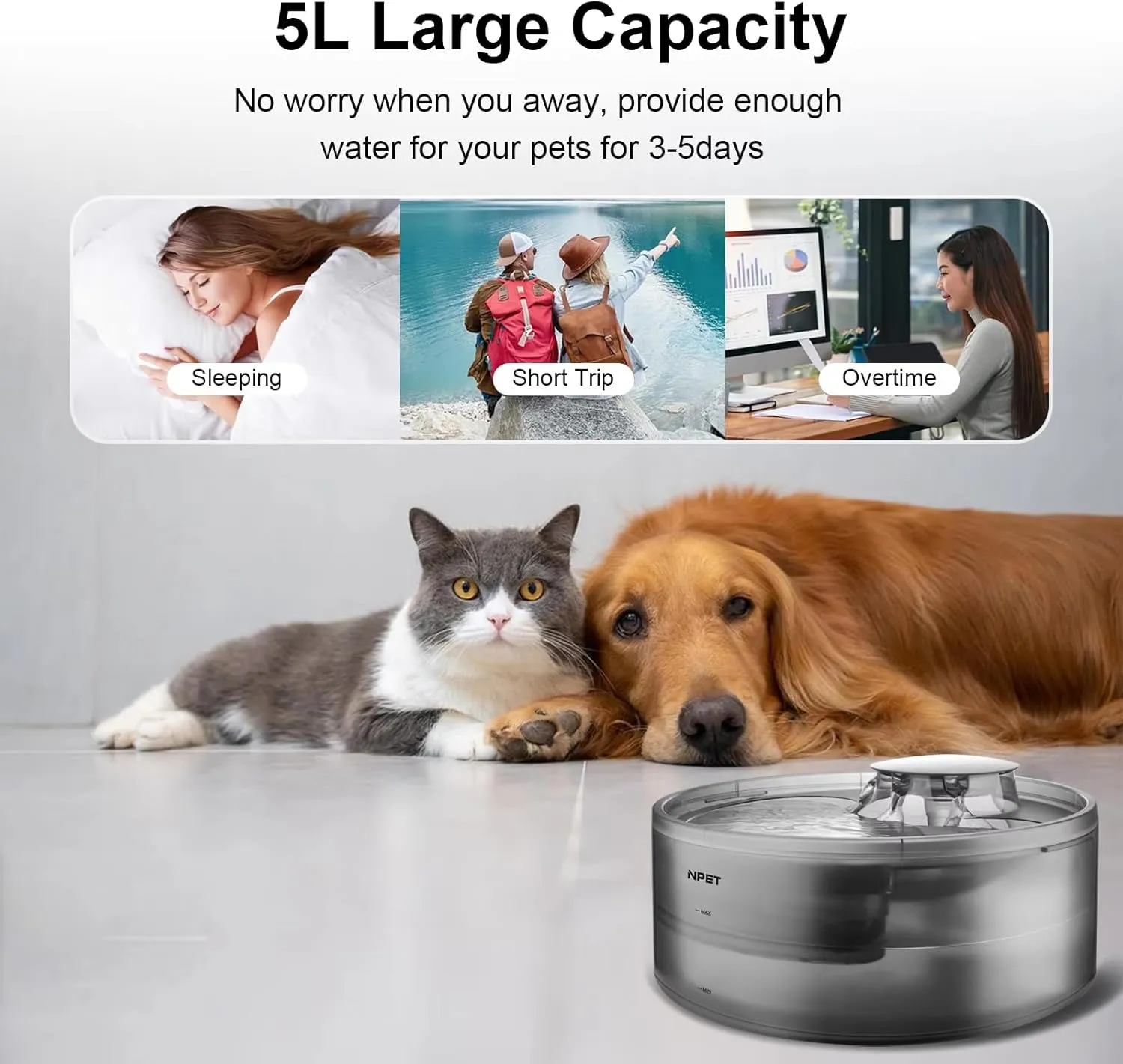 NPET Large Dog Water Fountain,169oz/5L Deep Drinking Area Automatic Pet Fountains Filtration Water Dispenser with Quiet Pump for Cats Dogs