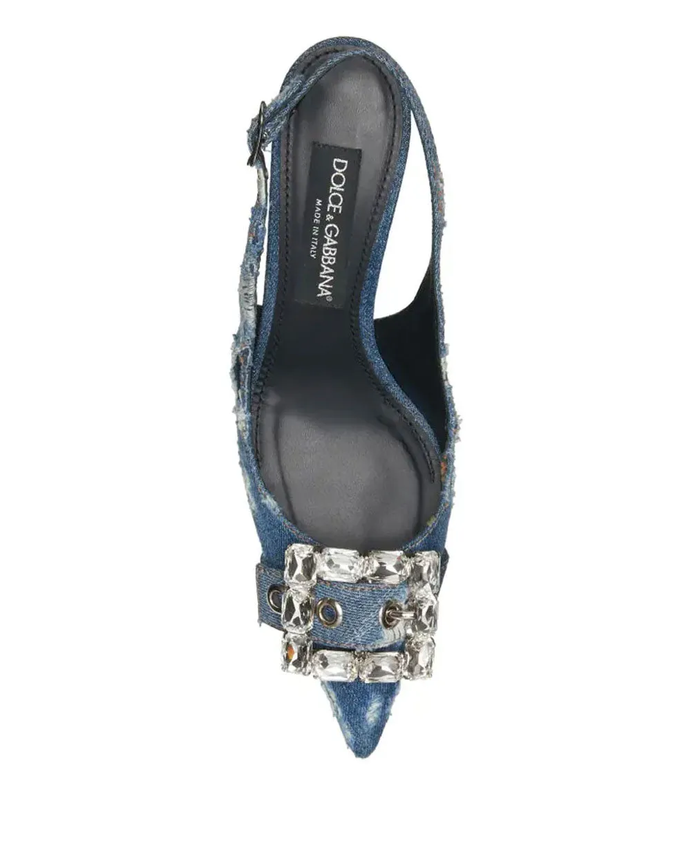 Patchwork Denim Slingbacks with Rhinestone Buckle in Cobalto Scuro