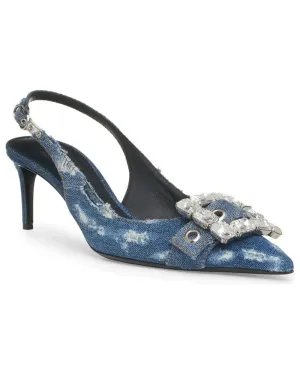 Patchwork Denim Slingbacks with Rhinestone Buckle in Cobalto Scuro