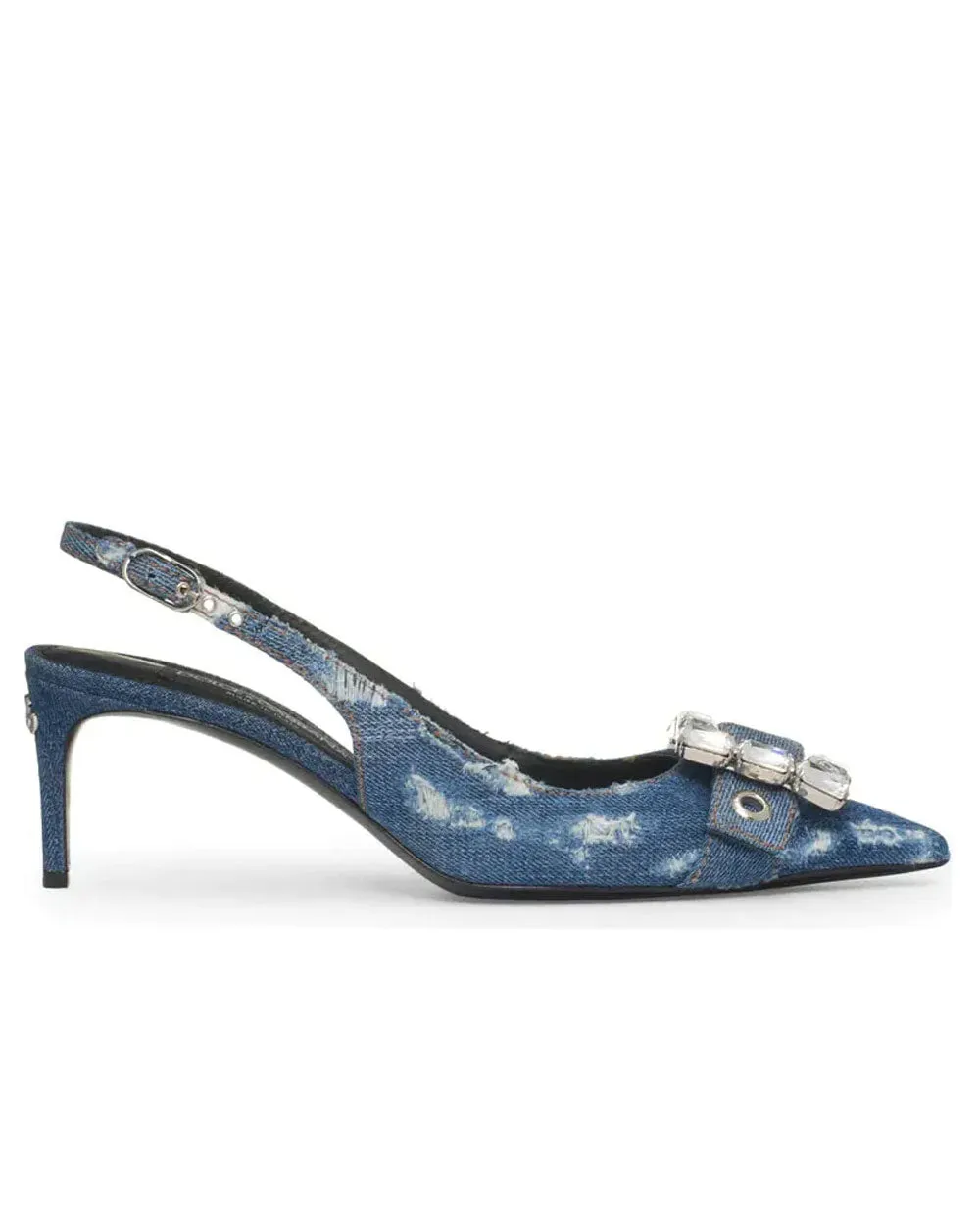 Patchwork Denim Slingbacks with Rhinestone Buckle in Cobalto Scuro