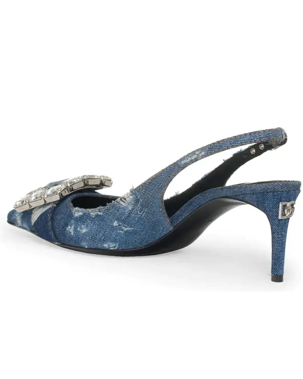 Patchwork Denim Slingbacks with Rhinestone Buckle in Cobalto Scuro
