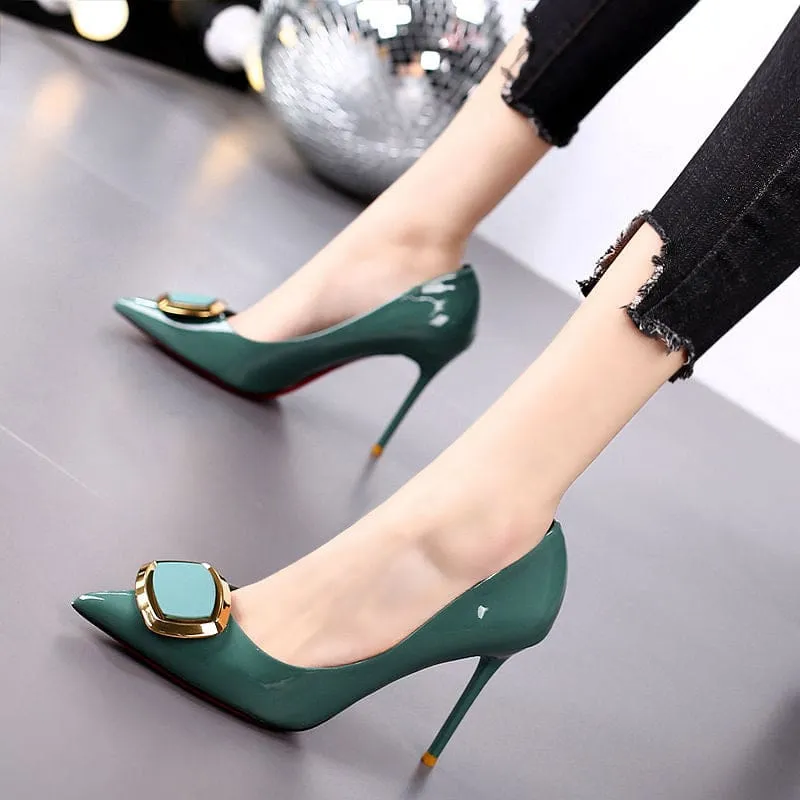 Patent Leather Square Buckle Pointed High Heels