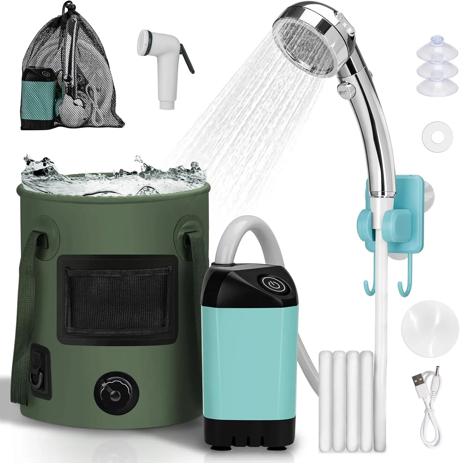 Portable Camping Shower, Pop Up Shower Privacy Tent Kit with LED Lights, Rechargeable Shower Pump with 6.6 Gallons Foldable Bucket Camp Bathroom for Adults Outdoor Hiking