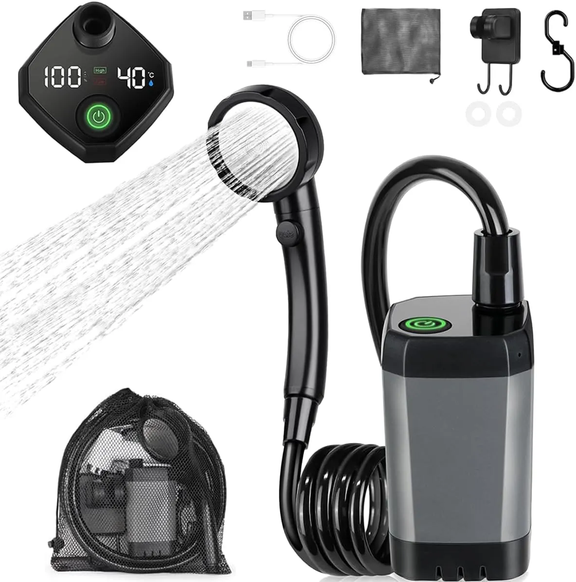 Portable Shower for Camping, [Long-Lasting] 6000mAh Rechargeable Camping Shower with Intelligent LED Display, IPX7 Waterproof Outdoor Shower Kit for Hiking, Travel, Car, Pet