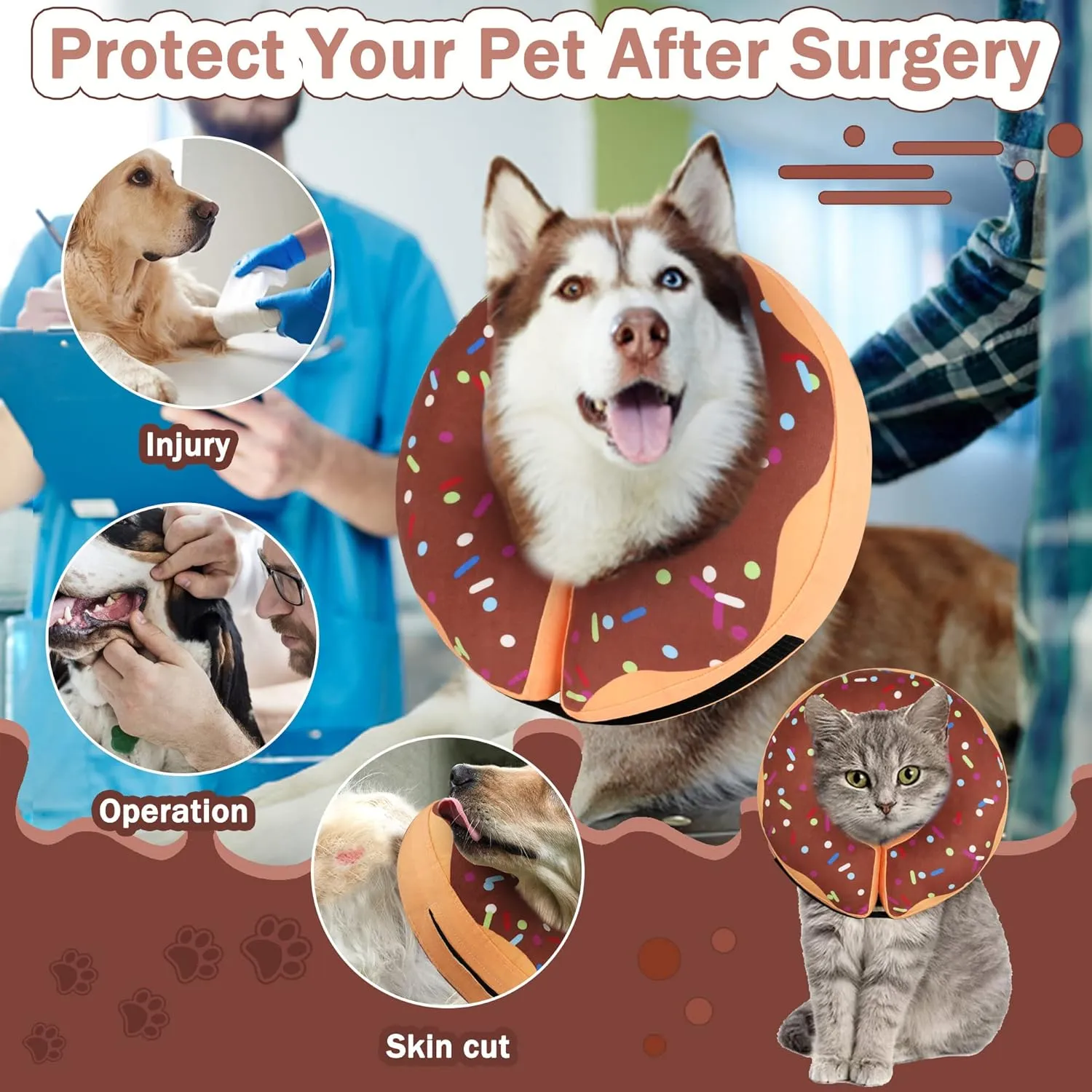 Recovery Donut Collar for Dogs & Cat,Inflatable Dog Cone Collar Alternative After Surgery,Soft Dog Cone for Large Medium Small Pet, Adjustable Pet Neck Donut(Brown,Medium )