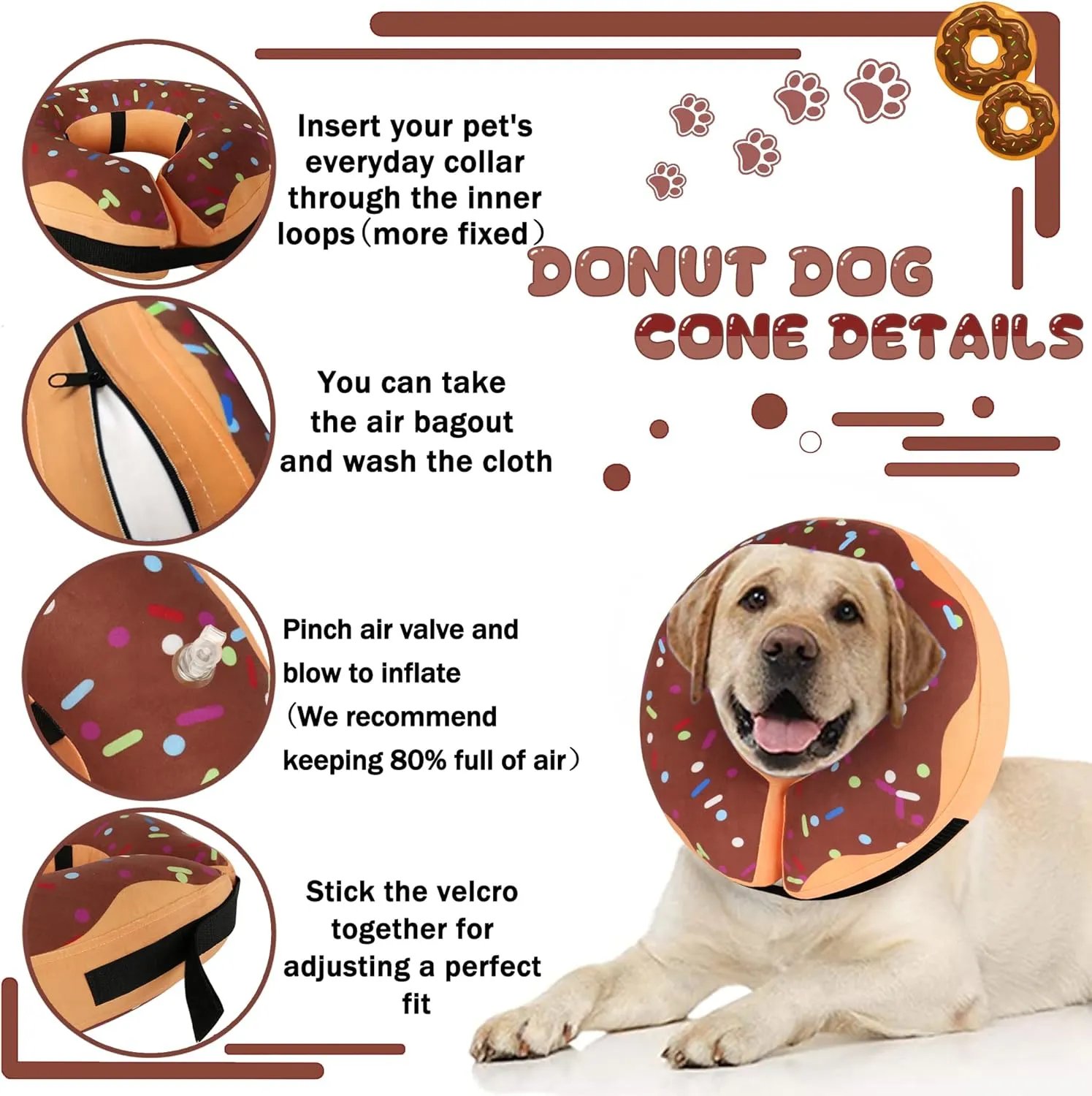 Recovery Donut Collar for Dogs & Cat,Inflatable Dog Cone Collar Alternative After Surgery,Soft Dog Cone for Large Medium Small Pet, Adjustable Pet Neck Donut(Brown,Medium )
