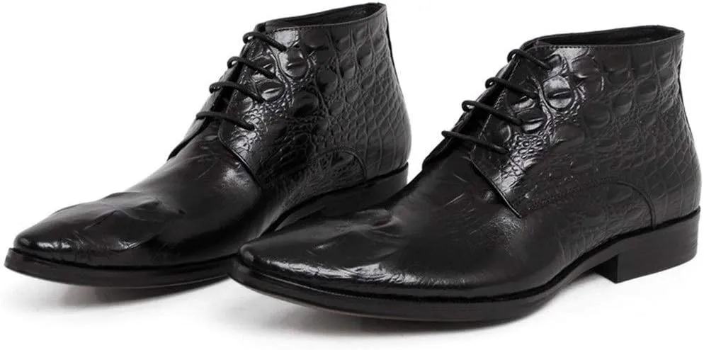 Rui Landed Ankle Boot for Men High Top Business Derby Boot Lace Up Style Premium Genuine Leather Crocodile Print Vamp Pointed Toe Block Heel Easy Care (Color : Black, Size : 6 M US)