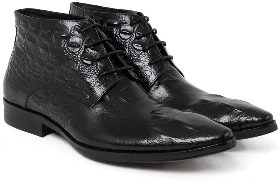 Rui Landed Ankle Boot for Men High Top Business Derby Boot Lace Up Style Premium Genuine Leather Crocodile Print Vamp Pointed Toe Block Heel Easy Care (Color : Black, Size : 6 M US)