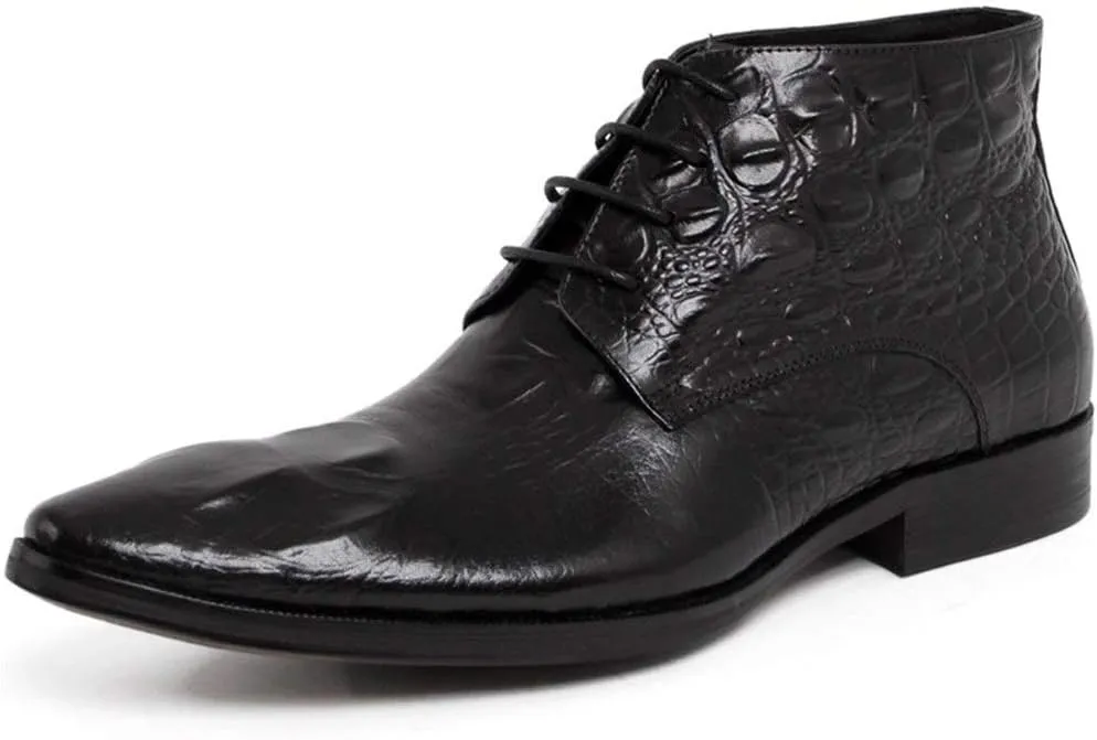 Rui Landed Ankle Boot for Men High Top Business Derby Boot Lace Up Style Premium Genuine Leather Crocodile Print Vamp Pointed Toe Block Heel Easy Care (Color : Black, Size : 6 M US)