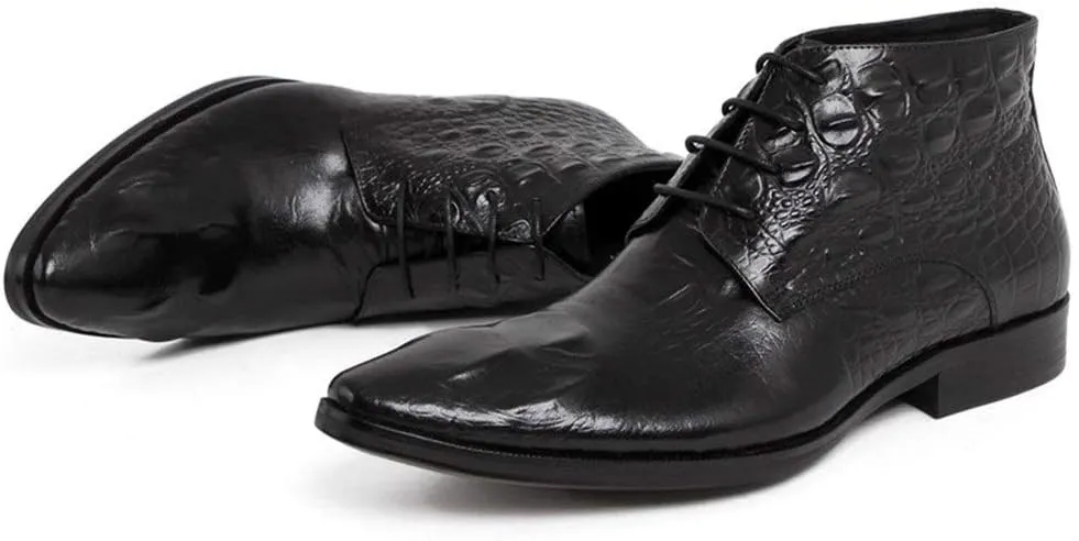 Rui Landed Ankle Boot for Men High Top Business Derby Boot Lace Up Style Premium Genuine Leather Crocodile Print Vamp Pointed Toe Block Heel Easy Care (Color : Black, Size : 6 M US)