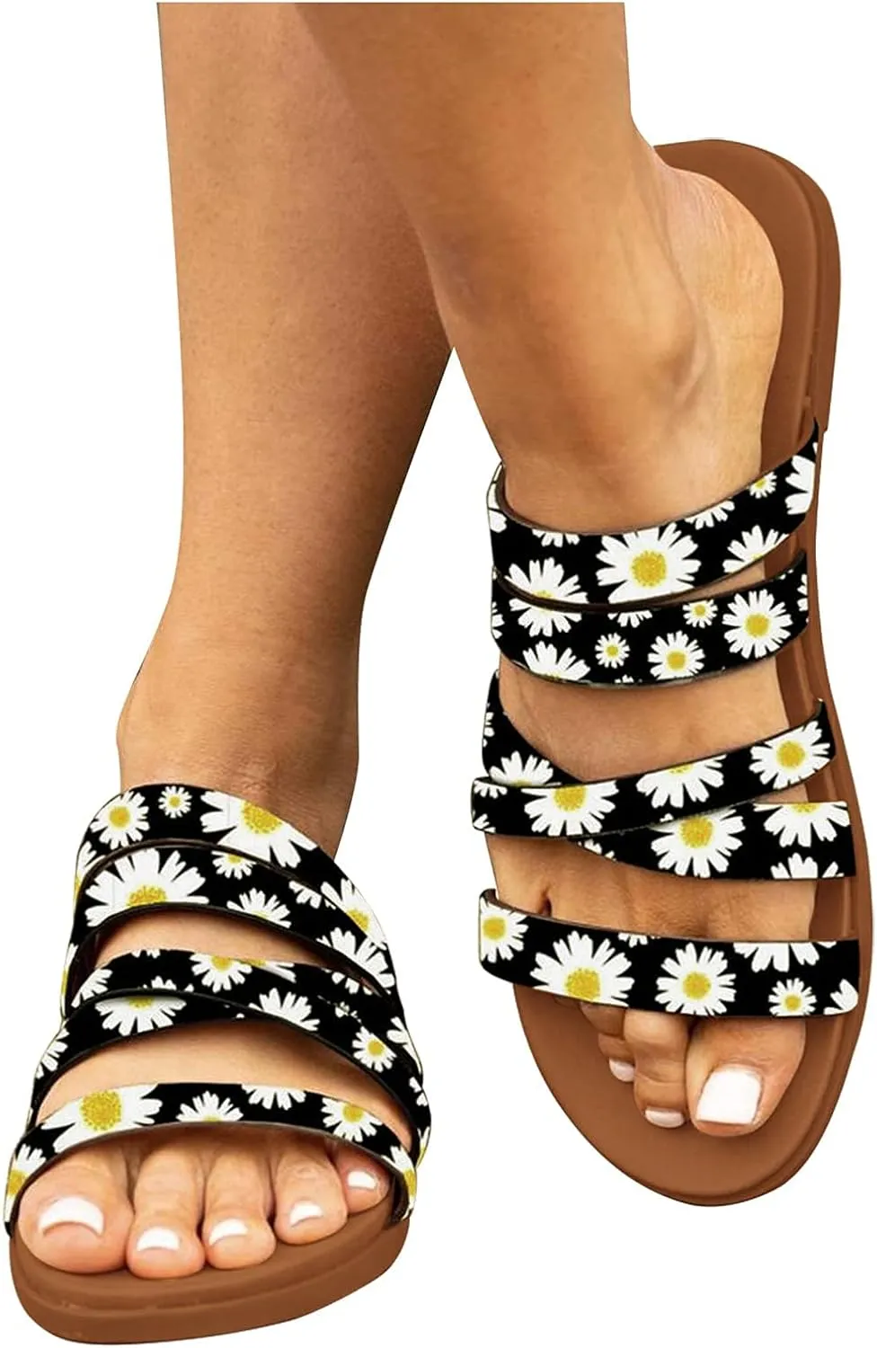 Sandals Fashion Strappy Braided Slip On Flat Summer Shoes Slides Open Toe Comfortable Flats Slippers Low Heel Elastic Band Trendy Sandal Daisy Beach Slipper Casual Slide Dressy Flip Flops