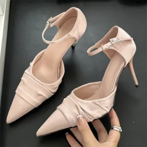 Satin Pointed Toe Buckle Strap Women's Pumps