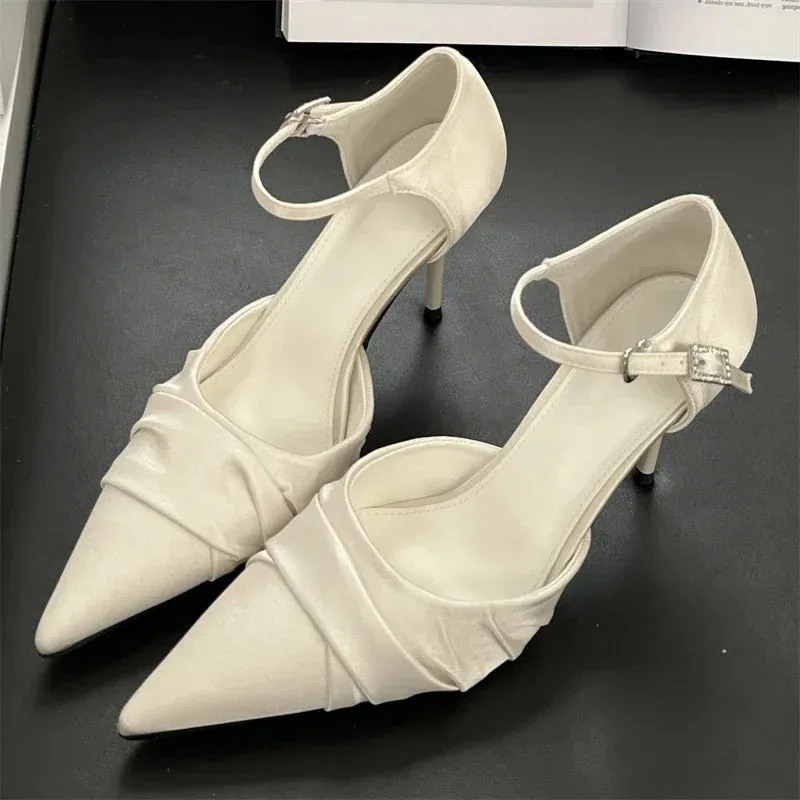 Satin Pointed Toe Buckle Strap Women's Pumps