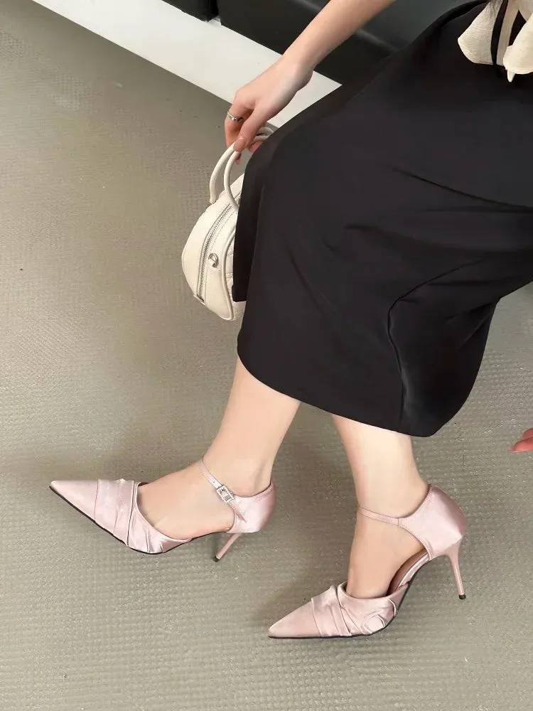 Satin Pointed Toe Buckle Strap Women's Pumps
