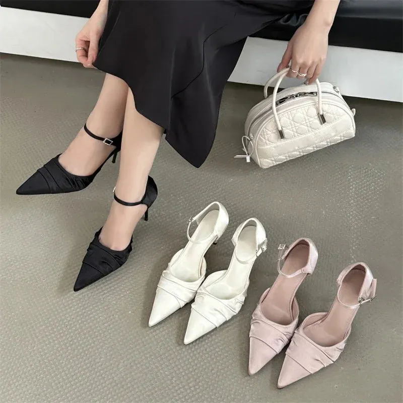 Satin Pointed Toe Buckle Strap Women's Pumps