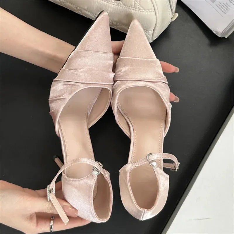Satin Pointed Toe Buckle Strap Women's Pumps