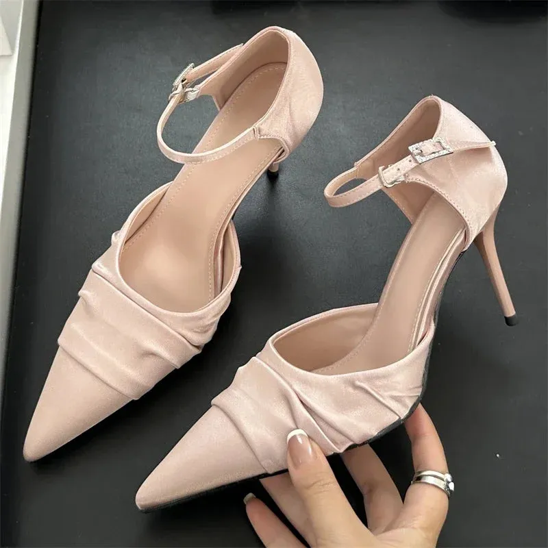 Satin Pointed Toe Buckle Strap Women's Pumps