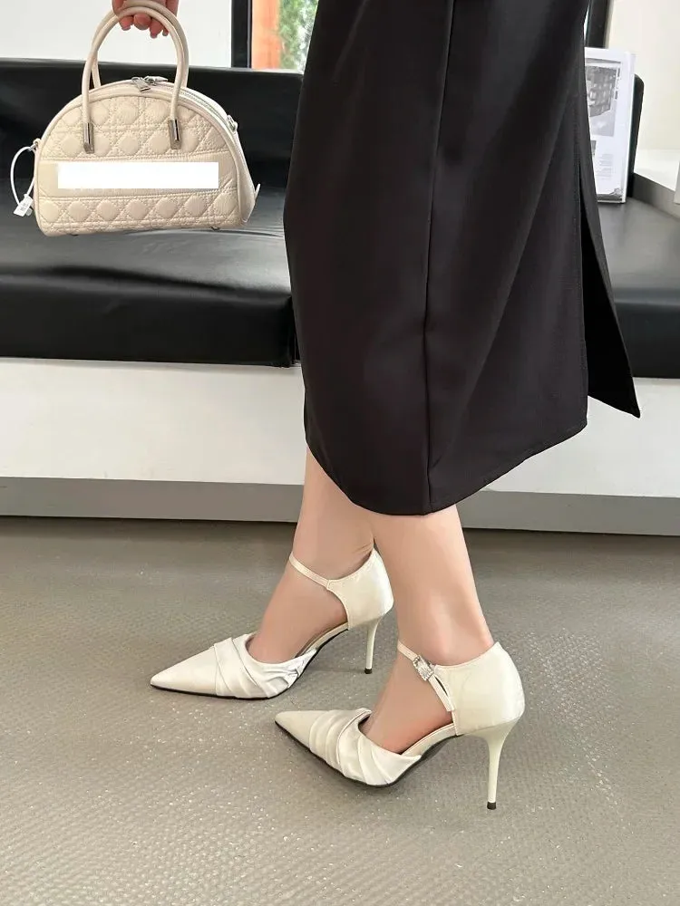 Satin Pointed Toe Buckle Strap Women's Pumps