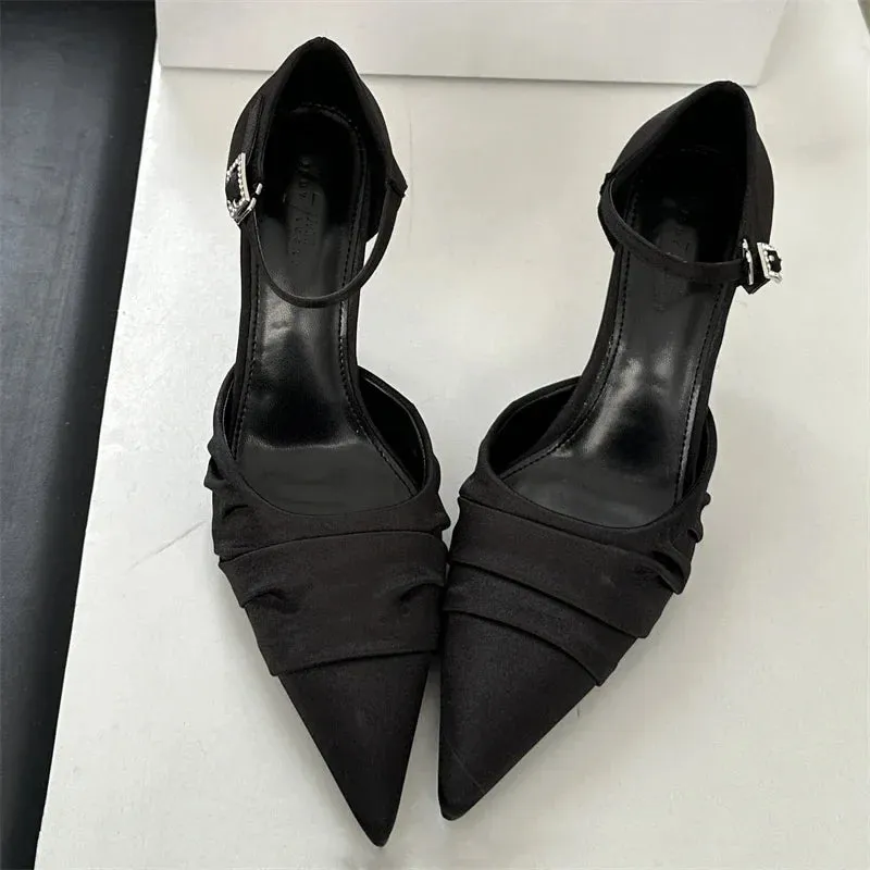 Satin Pointed Toe Buckle Strap Women's Pumps