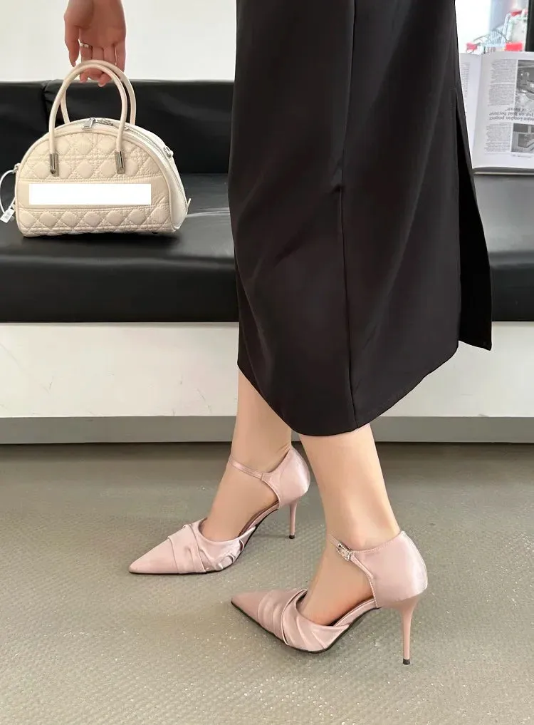 Satin Pointed Toe Buckle Strap Women's Pumps