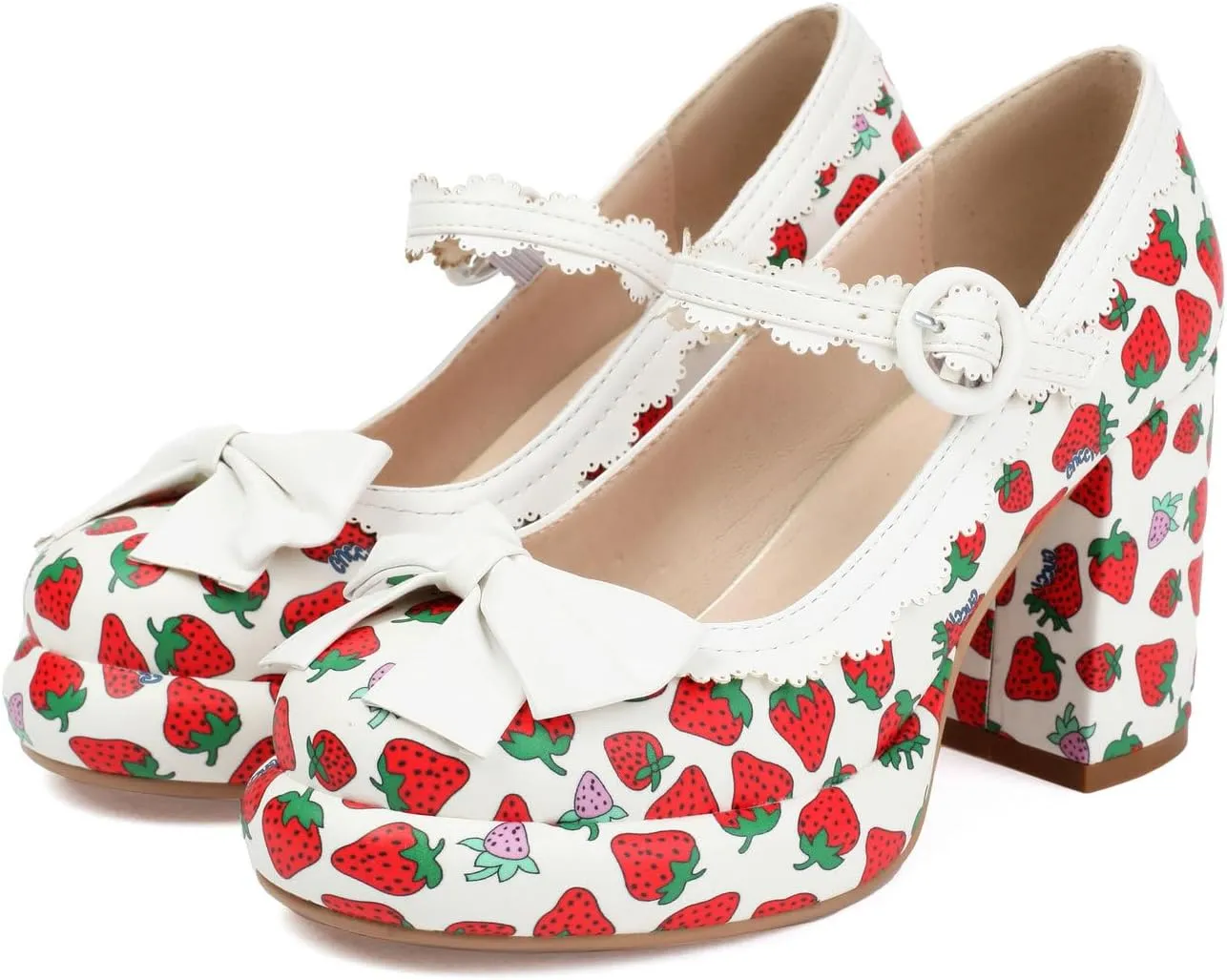 Shinelly Platform Chunky Heels Cute Strawberry Mary Janes Round Toe High Heel Kawaii Pump Shoes