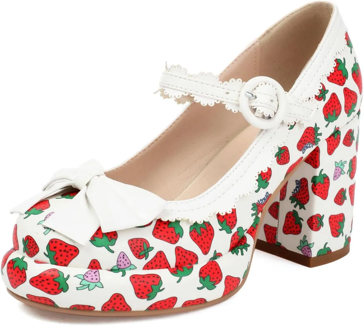 Shinelly Platform Chunky Heels Cute Strawberry Mary Janes Round Toe High Heel Kawaii Pump Shoes