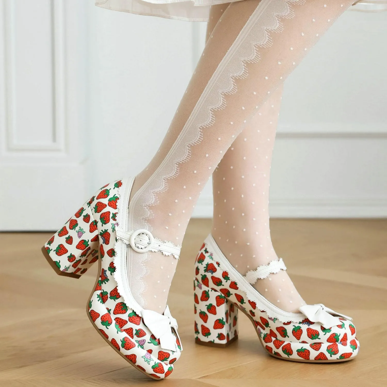 Shinelly Platform Chunky Heels Cute Strawberry Mary Janes Round Toe High Heel Kawaii Pump Shoes