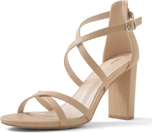Shoe'N Tale Chunky Block High Strappy Heels for Women Pump Heeled Sandals Open Toe Ankle Strap Buckle Party Wedding Prom Dress Shoes