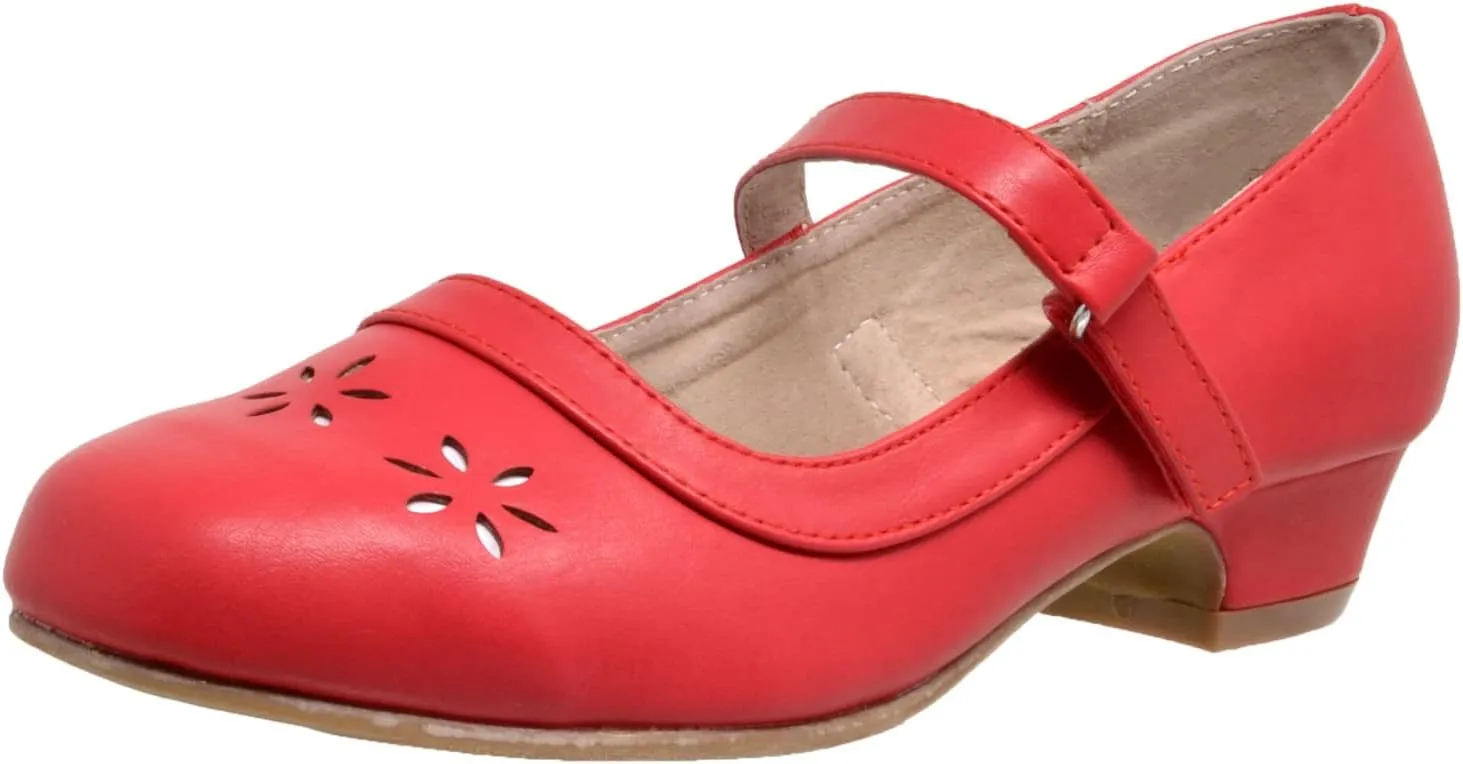 SOBEYO Girls' Dress Shoes Mary Jane Low Heel Flowers Cut Out Accents Leather Lining Insole Comfortable Memory Foam Cushion Wedding Party Princess Pump School Shoe