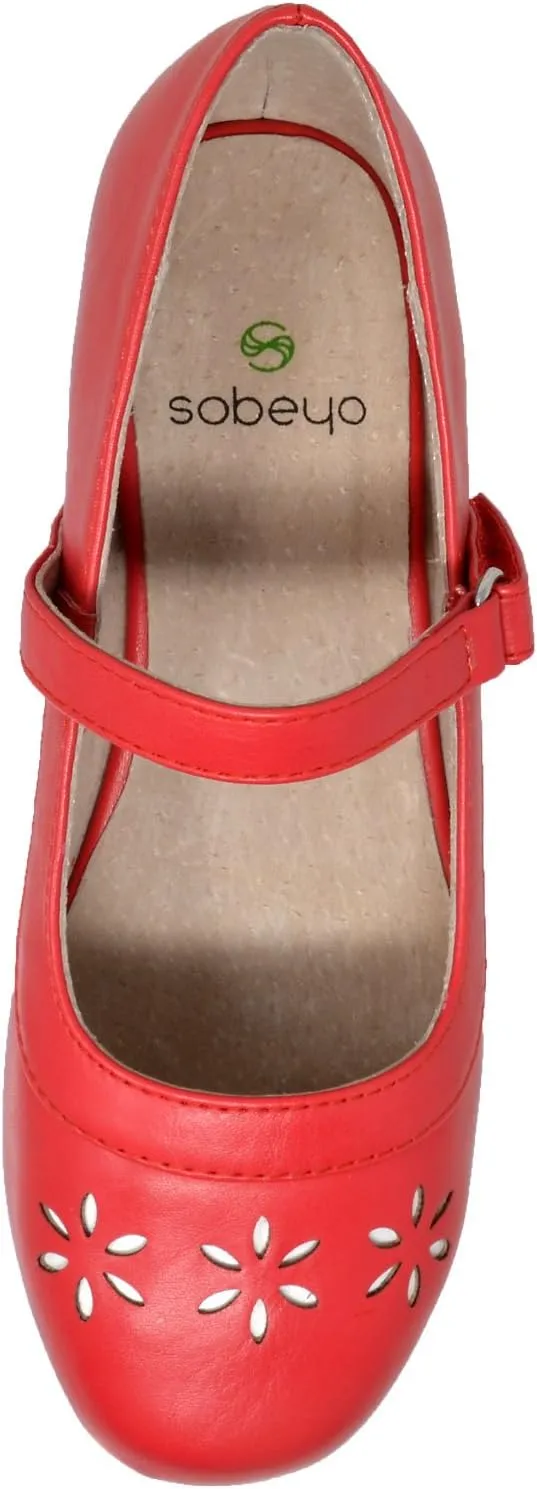 SOBEYO Girls' Dress Shoes Mary Jane Low Heel Flowers Cut Out Accents Leather Lining Insole Comfortable Memory Foam Cushion Wedding Party Princess Pump School Shoe