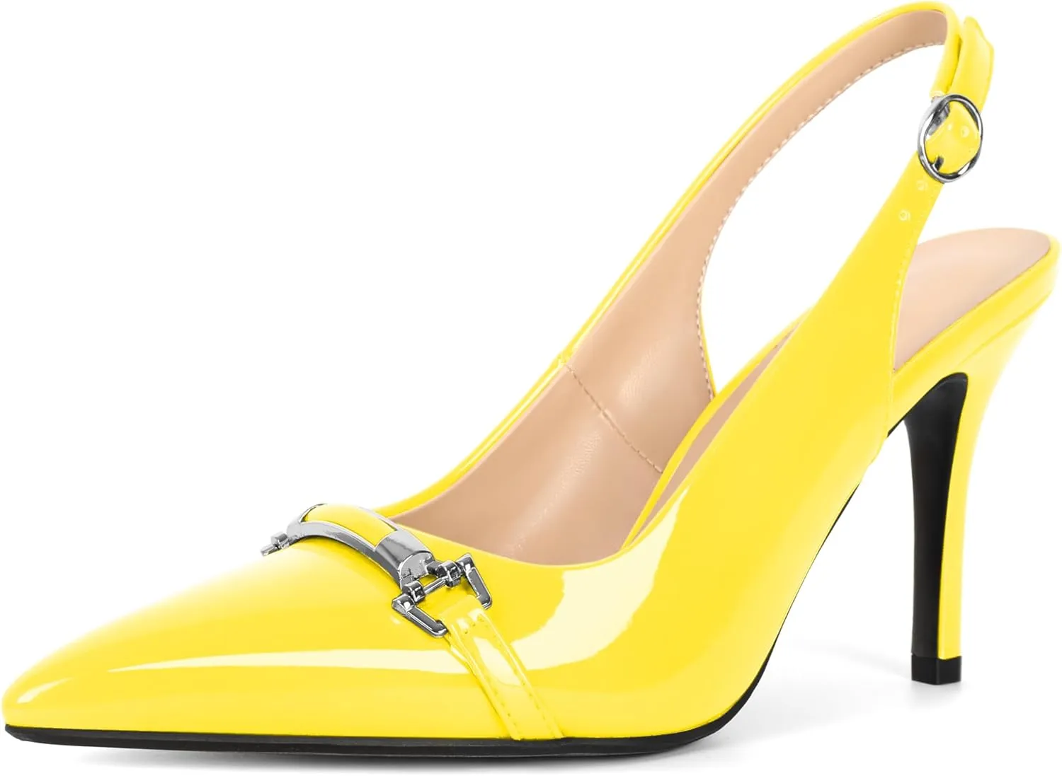 Soireelady Women's Slingback Heels Pointed Toe Stilettos High Heel Pumps Silver Buckle Strap Fashion Shoes 3.5 Inches