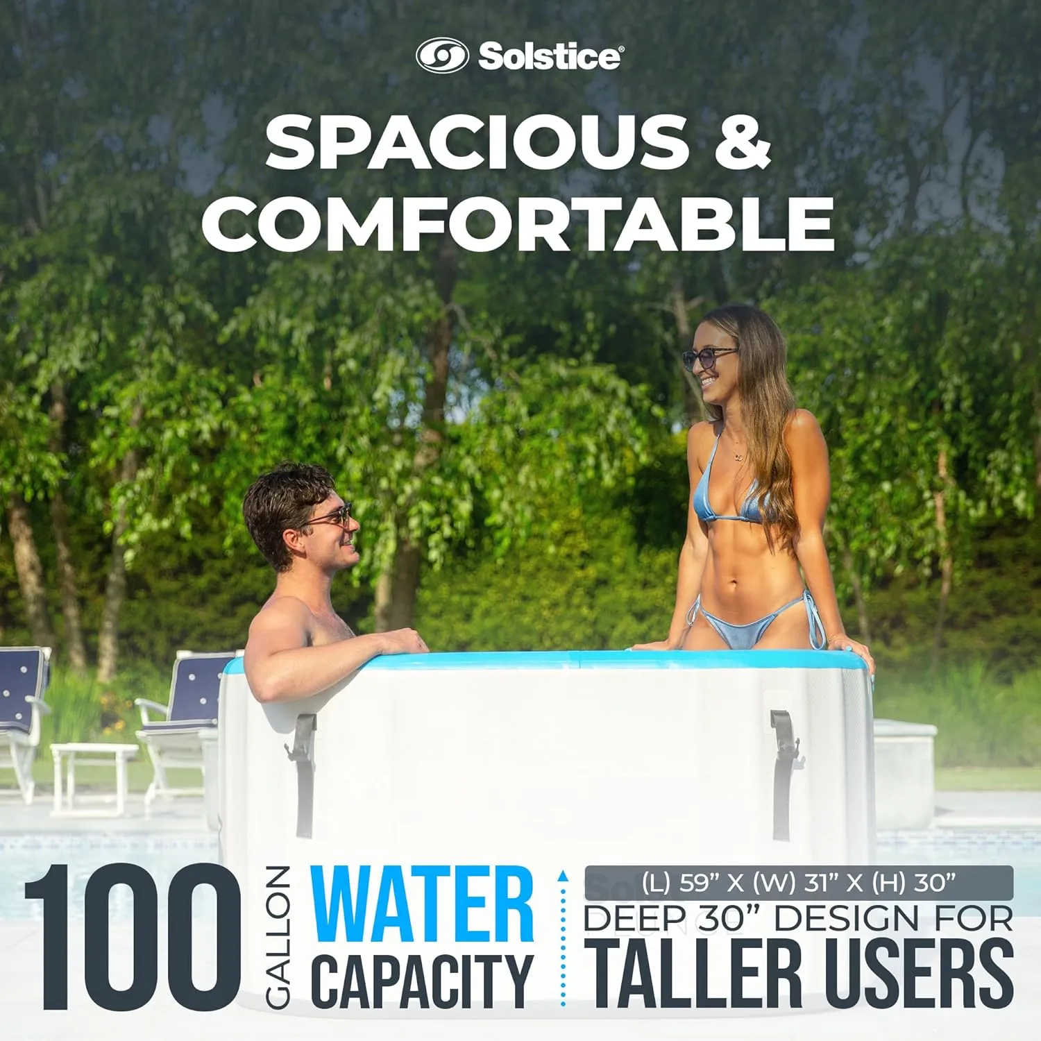 SOLSTICE 1-2 Person Cold Tub, Inflatable Plunge Bath w/Insulated Lid, 100-Gallon Capacity - Includes Pump, 1Quick Setup, Spacious 30-Inch Deep Interior, Durable Drop-Stitch Construction