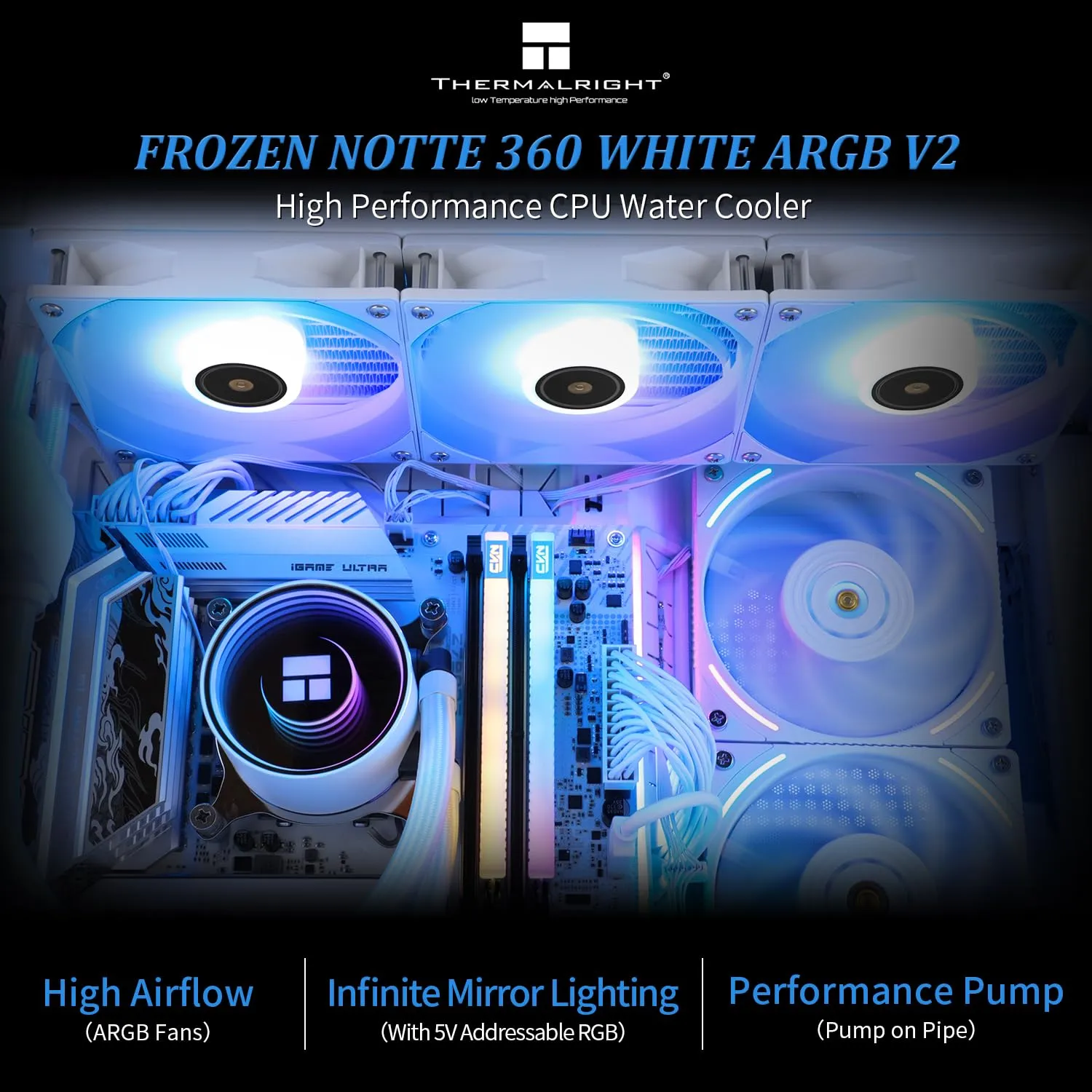 Thermalright Frozen Notte 360 White ARGB V2 Water Cooling CPU Cooler, 360 White CPU Cooler Specifications, 3×120mm PWM Fans, S-FDB Bearings, Suitable for AMD/AM4, Intel LGA 1700/1150/1151/1200/2011