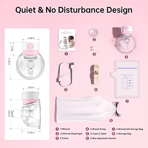 TSRETE Double Wearable Breast Pump, Electric Hands-Free Breast Pumps with 2 Modes, 9 Levels, LCD Display, Memory Function Rechargeable Milk Extractor-24mm Flange, Pink