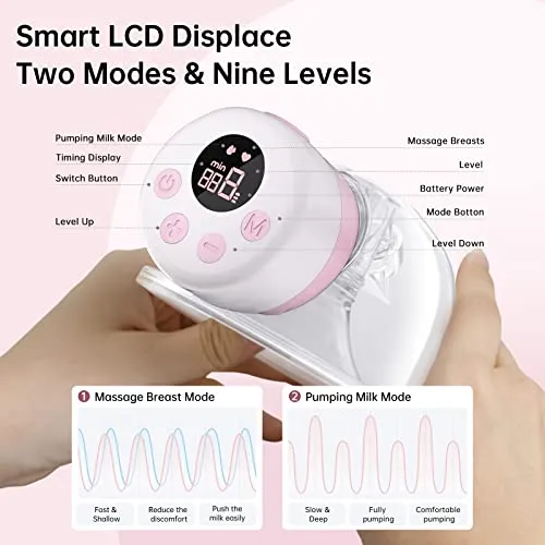 TSRETE Double Wearable Breast Pump, Electric Hands-Free Breast Pumps with 2 Modes, 9 Levels, LCD Display, Memory Function Rechargeable Milk Extractor-24mm Flange, Pink