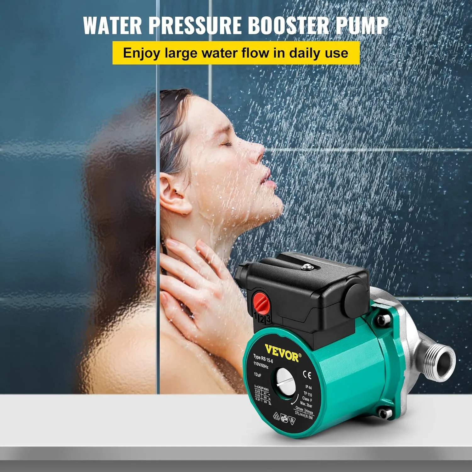 VEVOR Hot Water Recirculating Pump, 93W, 110V Water Circulator Pump, Circulation Pump, 3/4″ G Thread to 1/2″ NPT Brass Adapter, Stainless Steel Head, 3 Speed Control for Electric Water Heater System