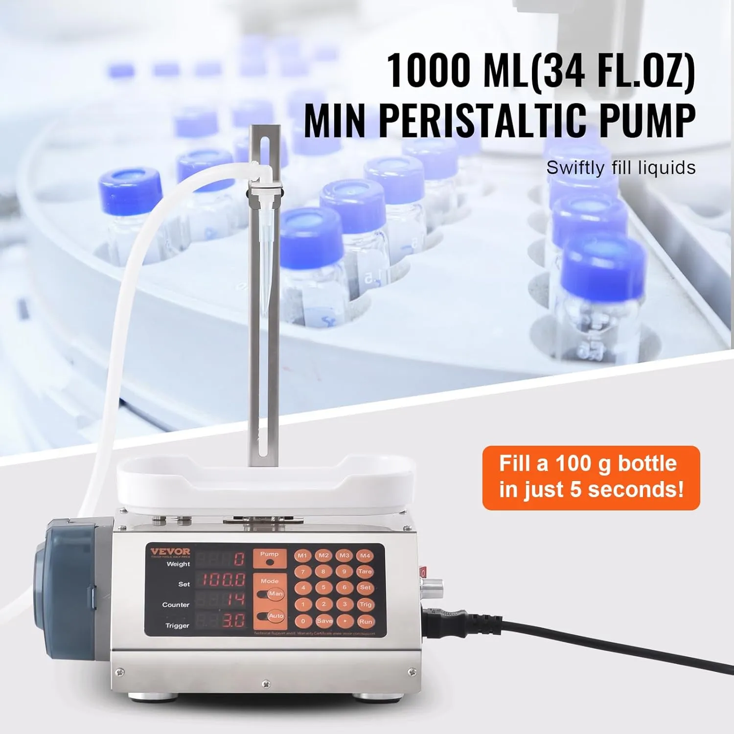 VEVOR Paste Liquid Filling Machine 5-300g,1L/min Flow Rate, Peristaltic Pump Digital Control Automatic Weighing Bottle Filling Machine for Soy Sauce, Drink, Vinegar, Milk, Alcohol,Low Viscous Liquids