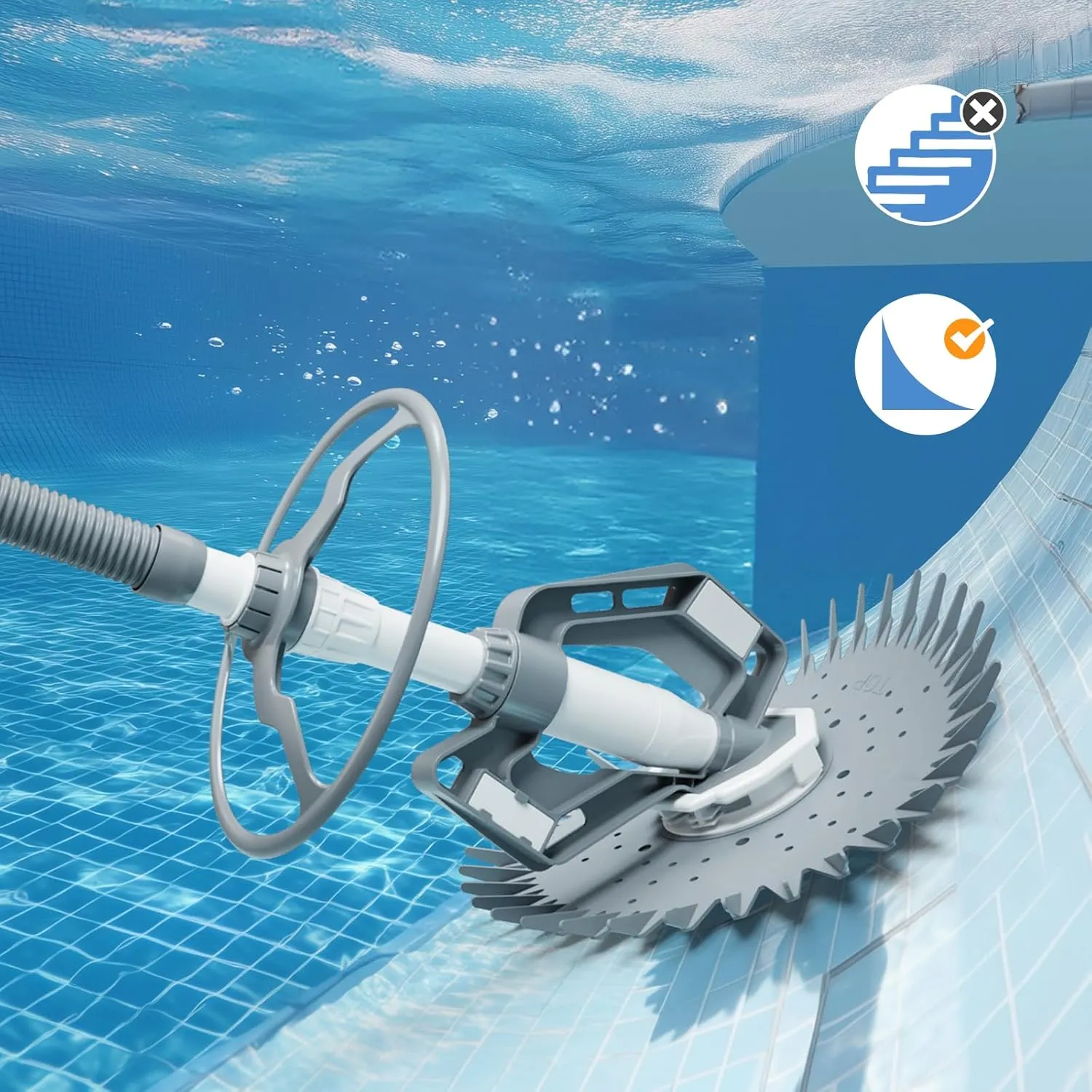 VINGLI Pool Vacuum Above Ground Indoor Outdoor Automatic Swimming Pool Cleaner Sweep Sweeper with 33FT Hoses (Light Gray)