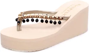 VOKLIN Women's Wedge High Heel Flipflops Fashion Fringed Platform Nonslip Summer Beach Tassel Thong Sandals